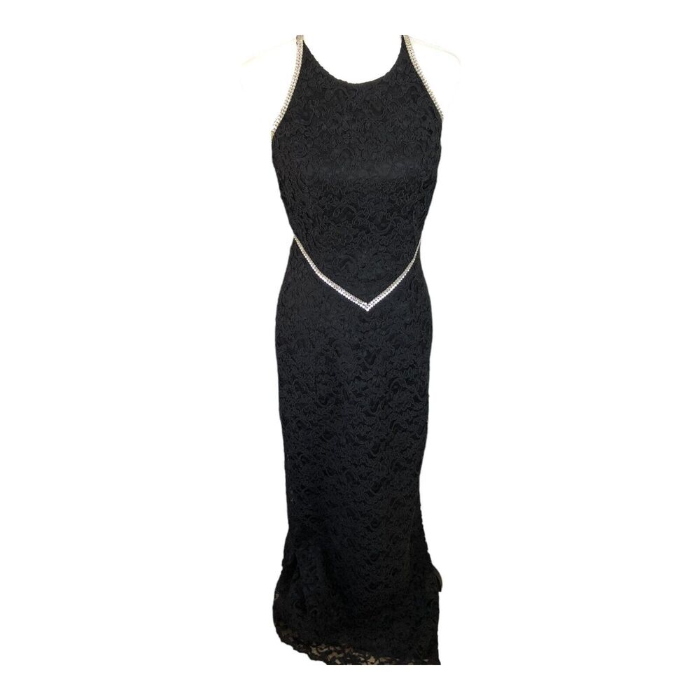 Janine Rare Vintage 90s Rhinestone and Lace Sexy Cocktail Open Back Maxi Gown‎ M
